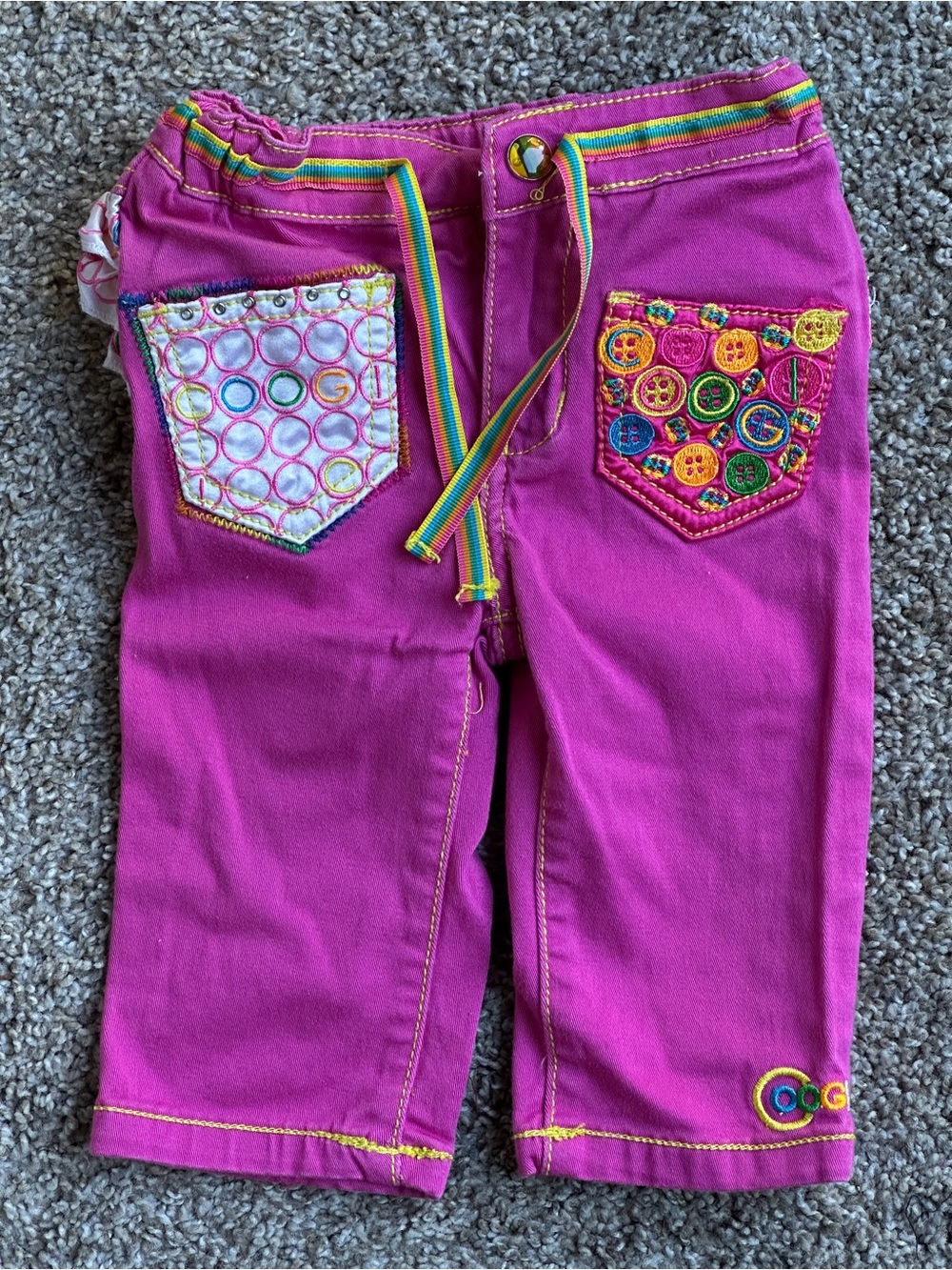 COOGI Girls Pink Embroidered Ruffle Capri Jeans Rainbow Trim Size 12M